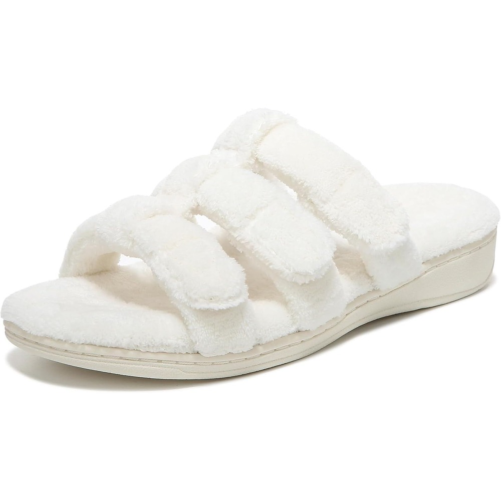 Vionic Sz 6 Snooze Slippers White Plush Triple‎ Strap Slide Podiatrist Designed